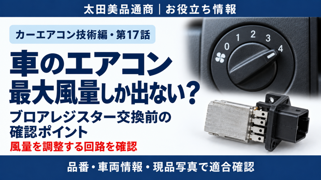 最大風量を示すダイヤルとブロアレジスターのイメージ、交換前の確認ポイント