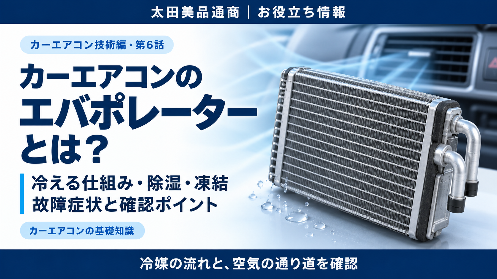 カーエアコンのエバポレーターをイメージした画像。冷房・除湿の仕組みと、凍結や故障症状の確認ポイントを紹介。