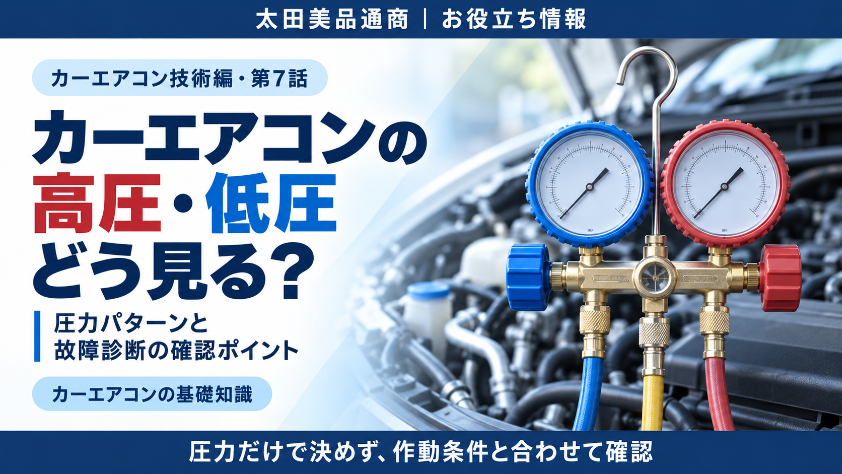 カーエアコンの高圧・低圧と故障診断を紹介するアイキャッチ。赤と青の圧力計を配置