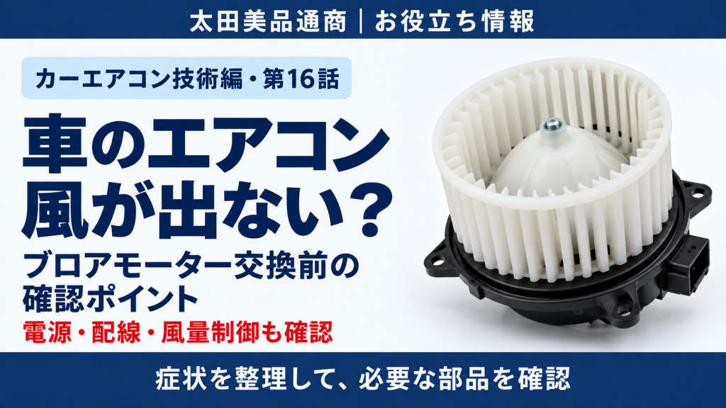 車のエアコンの風が出ないときのブロアモーター交換前の確認ポイントと、ブロアファンのイメージ