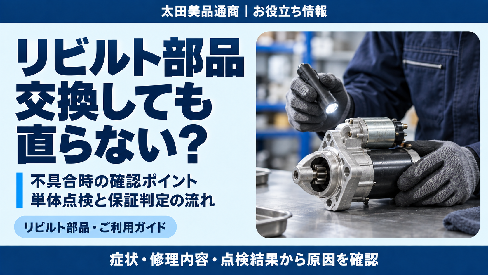 リビルト部品交換後の不具合時に確認する5項目と、返却商品の点検による保証判定の流れ
