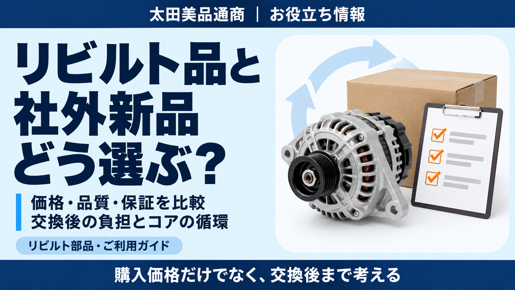 リビルト品と社外新品の価格・品質・保証、交換後の負担とコアの循環を比較