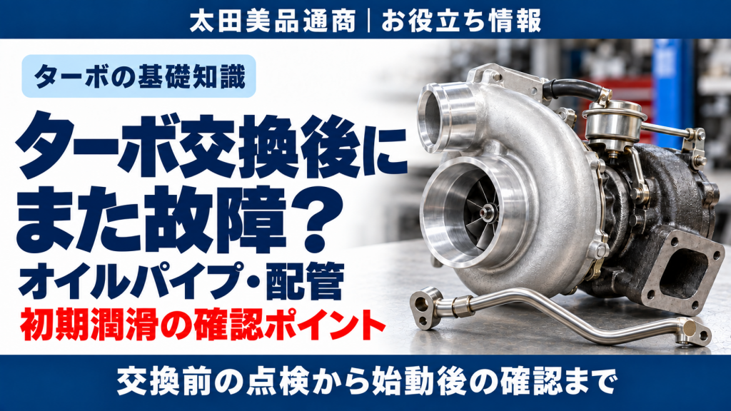 ターボ交換時の給油配管と初期潤滑の確認を案内する、ターボと配管のイメージ