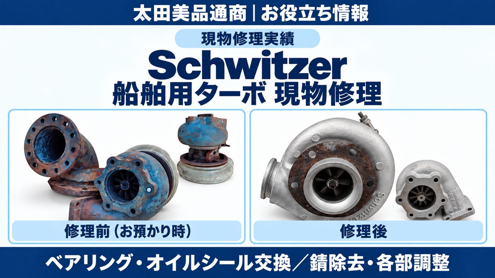 Schwitzer船舶用ターボの修理前と修理後。ベアリング・オイルシール交換、錆除去・各部調整の現物修理実績